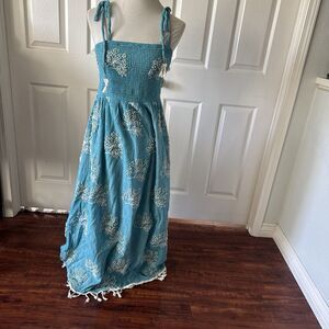 Boho Blue Smocked Maxi Dress Medium Embroidered Tassel Cotton Lined
